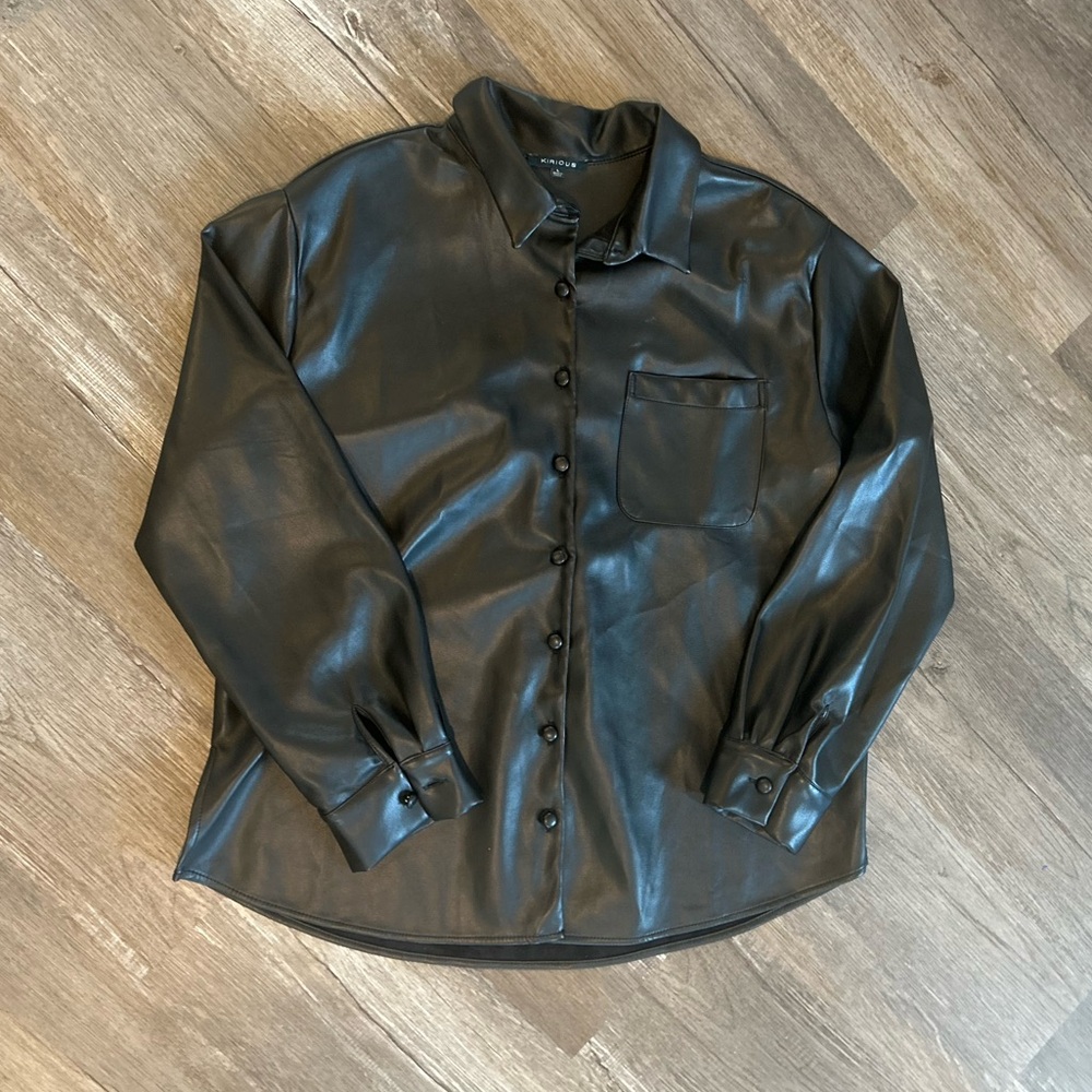 Black Faux Leather Button-Up Shirt